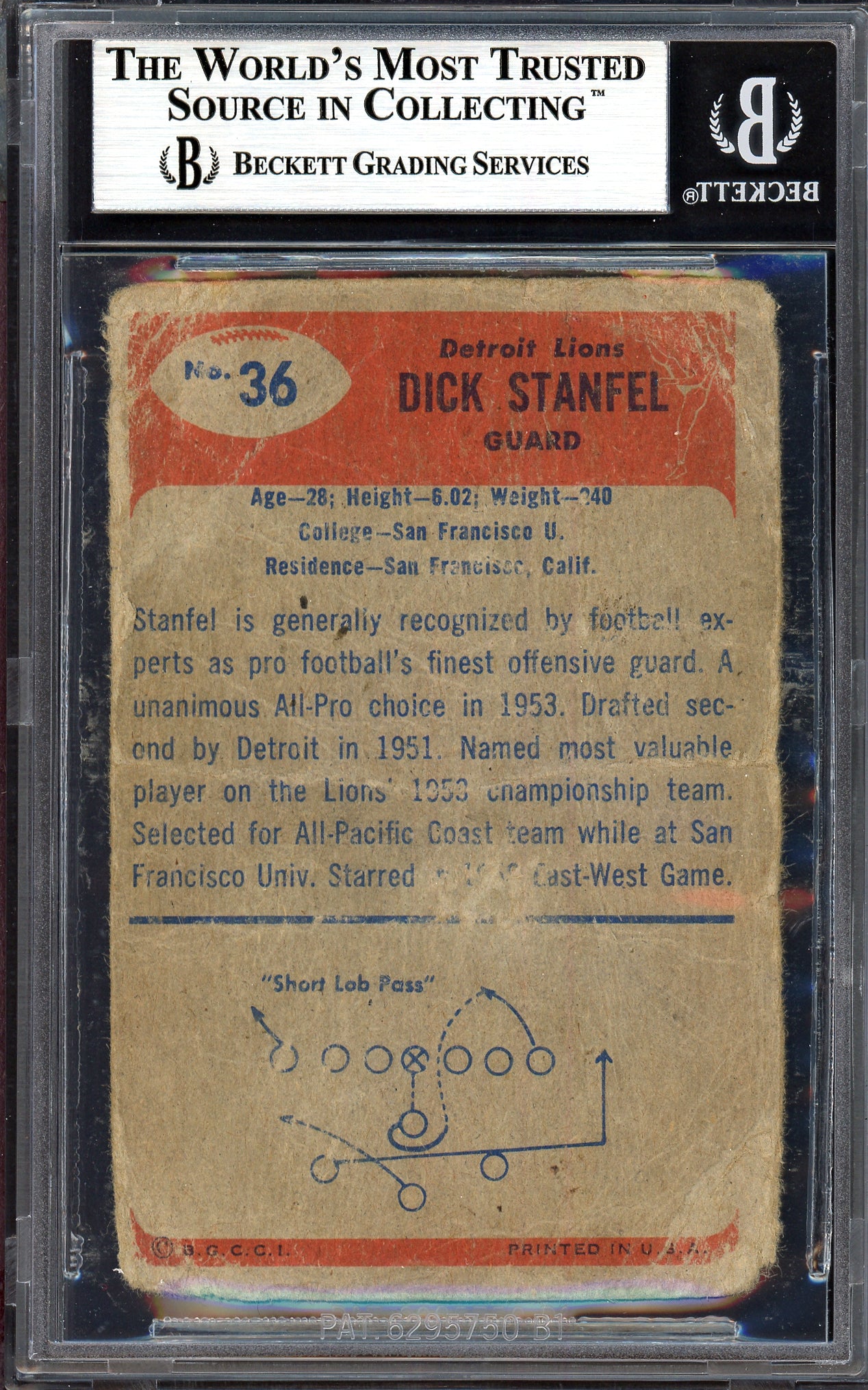 Dick Stanfel Autographed 1955 Bowman Rookie Card #36 Detroit Lions (Off-Condition) Beckett BAS #13610039