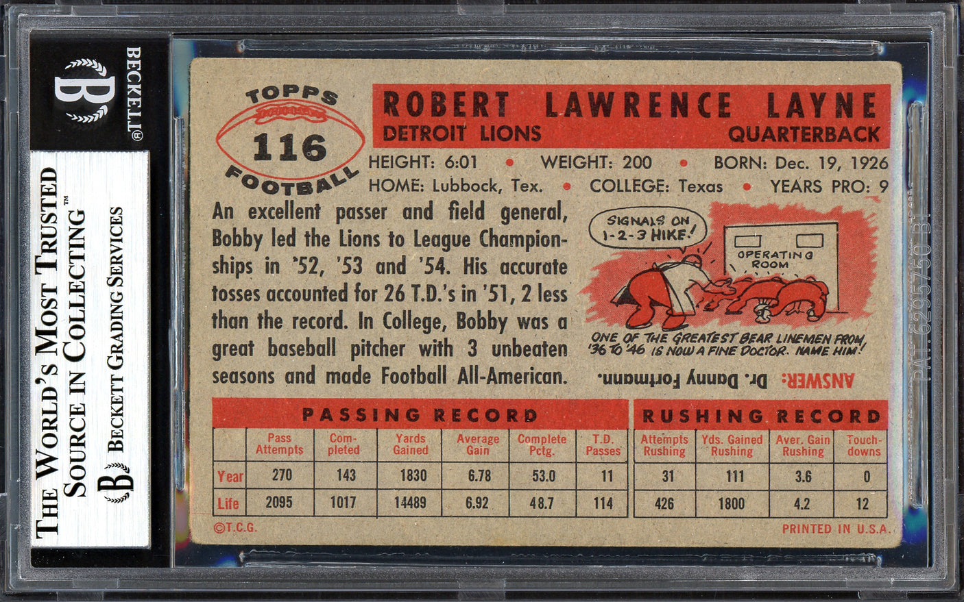 Bobby Layne Autographed 1956 Topps Card #116 Detroit Lions Beckett BAS #13610341