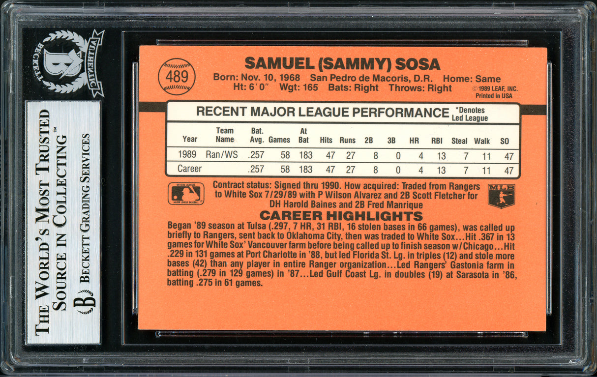 Sammy Sosa Autographed 1990 Donruss Rookie Card #489 Chicago White Sox Beckett BAS Stock #177671