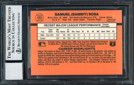 Sammy Sosa Autographed 1990 Donruss Rookie Card #489 Chicago White Sox Auto Grade 10 Beckett BAS Stock #177677