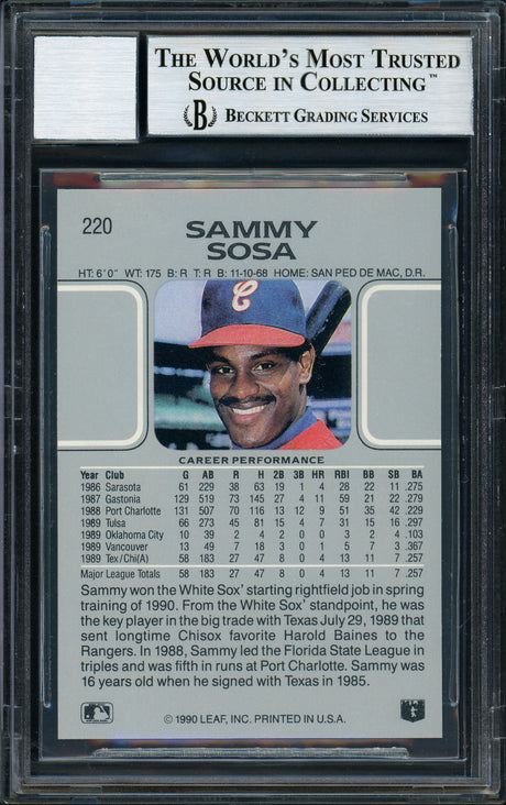 Sammy Sosa Autographed 1990 Leaf Rookie Card #220 Chicago White Sox Auto Grade 10 Beckett BAS Stock #177678