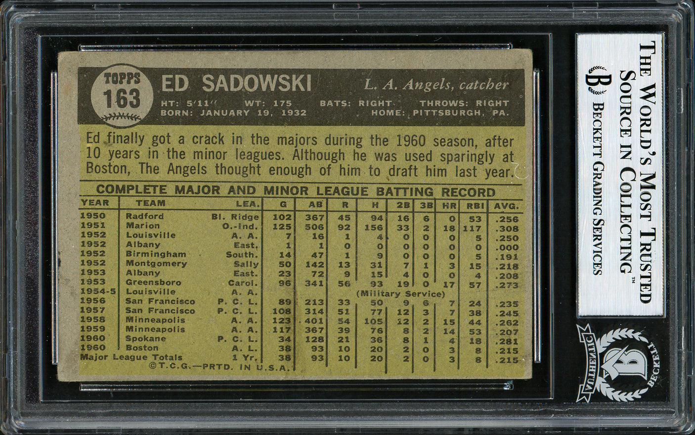 Ed Sadowski Autographed 1961 Topps Card #163 Los Angeles Angels "Best Wishes" Beckett BAS #12305975