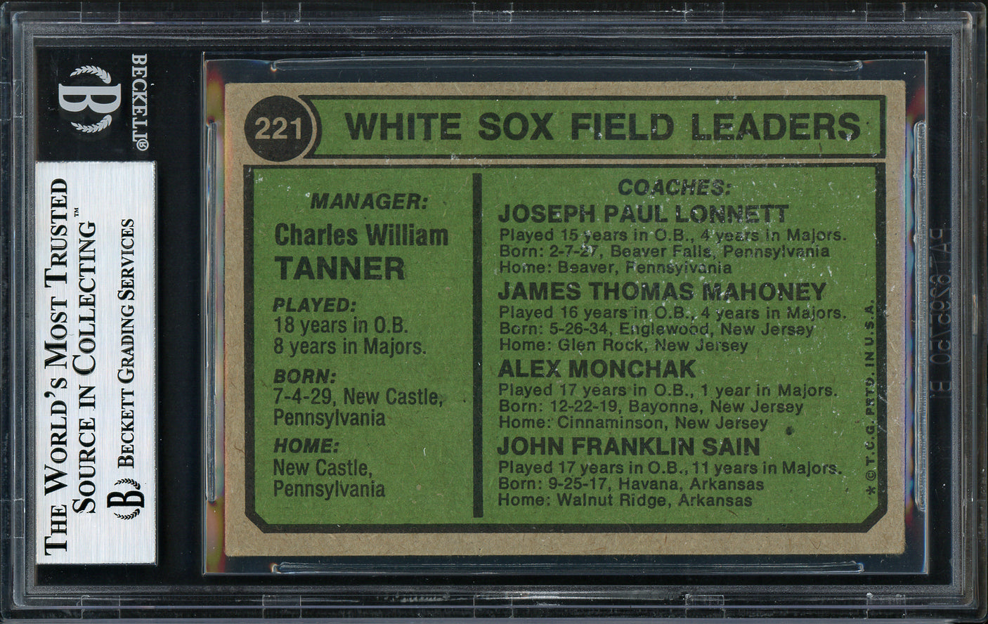 Chuck Tanner, Jim Mahoney, Alex Monchak, Johnny Sain & Joe Lonnett Autographed 1974 Topps Card #221 Chicago White Sox Beckett BAS #12306467