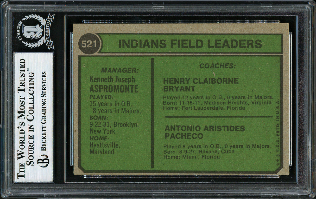 Ken Aspromonte, Clay Bryant & Tony Pacheco Autographed 1974 Topps Card #521 Cleveland Indians Beckett BAS #12306468