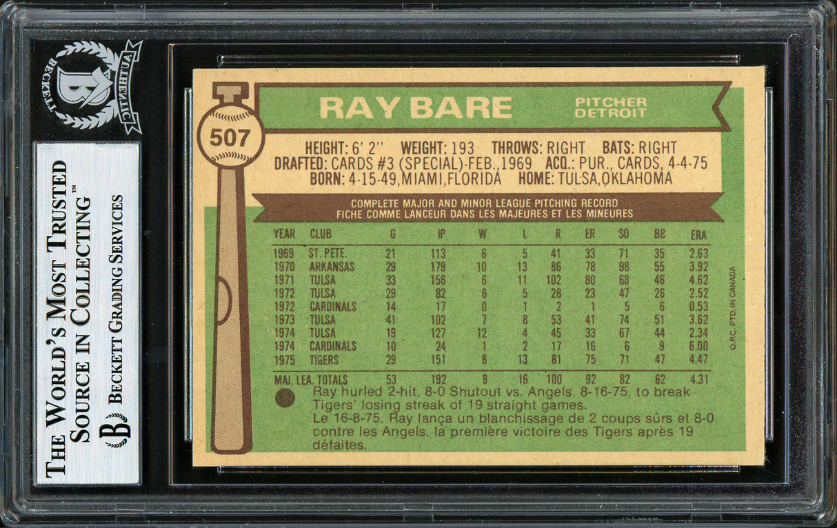 Ray Bare Autographed 1976 O-Pee-Chee Card #507 Detroit Tigers Beckett BAS #12306515