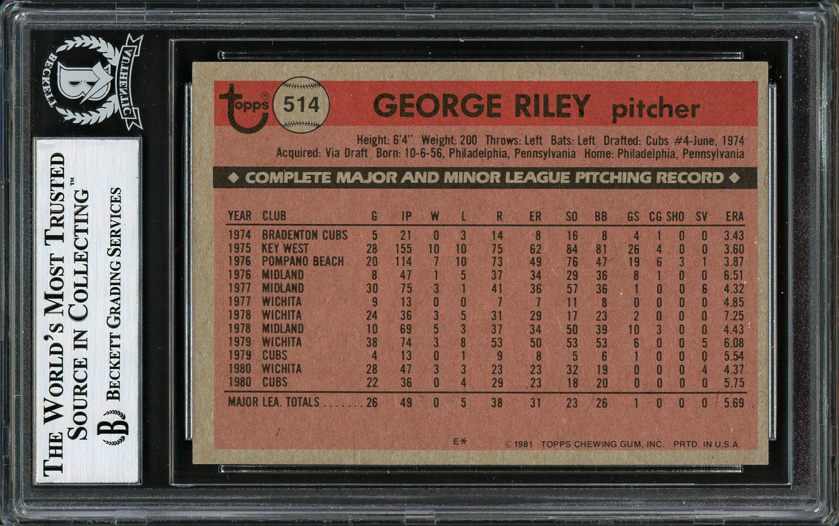 George Riley Autographed 1981 Topps Rookie Card #514 Chicago Cubs Beckett BAS #12306799