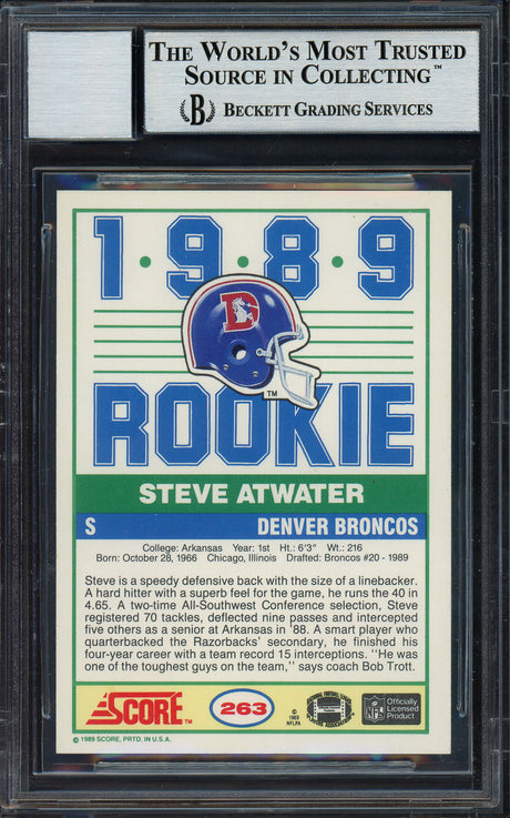 Steve Atwater Autographed 1989 Score Rookie Card #263 Denver Broncos "HOF 2020" Auto Grade Gem Mint 10 Beckett BAS Stock #181867