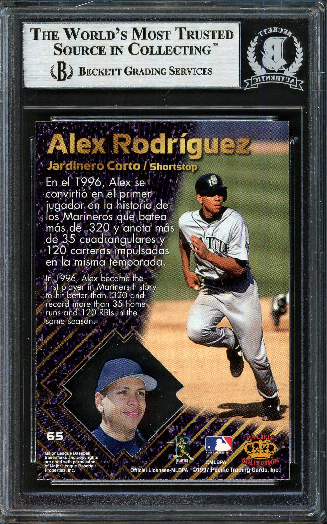 Alex Rodriguez Autographed 1997 Pacific Prisms Card #65 Seattle Mariners Beckett BAS #12410249