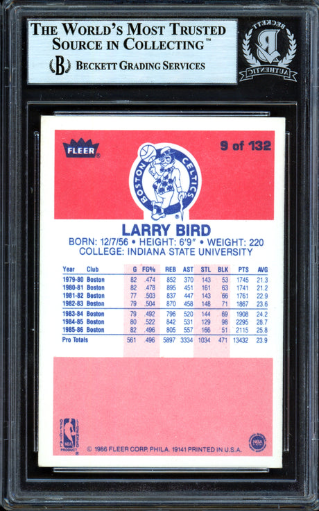 Larry Bird Autographed 1986-87 Fleer Card #9 Boston Celtics Beckett BAS #13446474