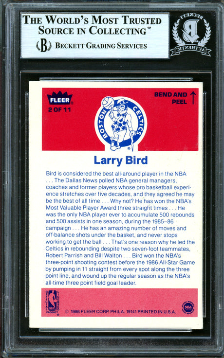 Larry Bird Autographed 1986-87 Fleer Sticker Card #2 Boston Celtics Beckett BAS #13446479