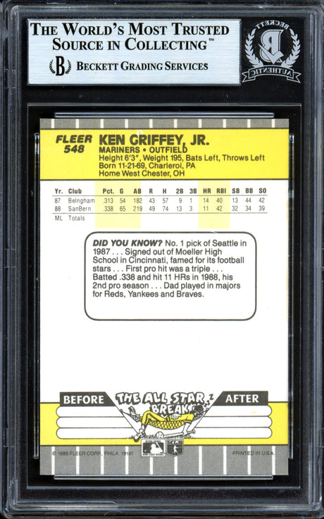 Ken Griffey Jr. Autographed 1989 Fleer Rookie Card #548 Seattle Mariners Vintage Signature Beckett BAS #13446503