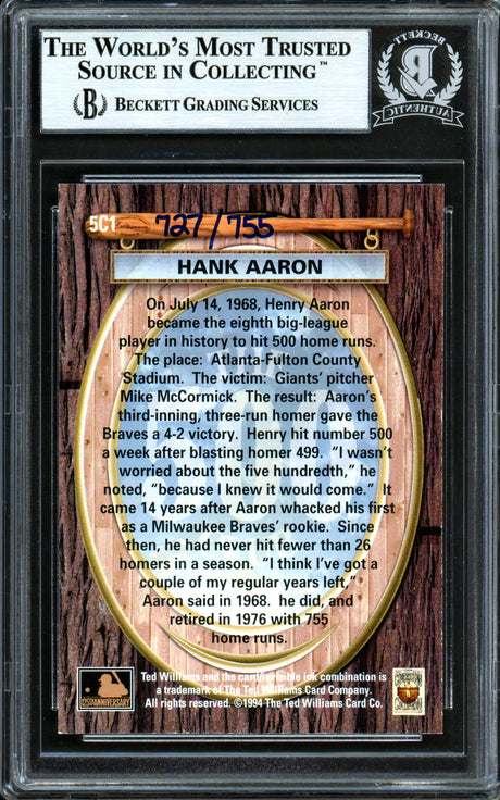 Hank Aaron Autographed 1994 Ted Williams Card #5C1 Atlanta Braves Beckett BAS #13446981