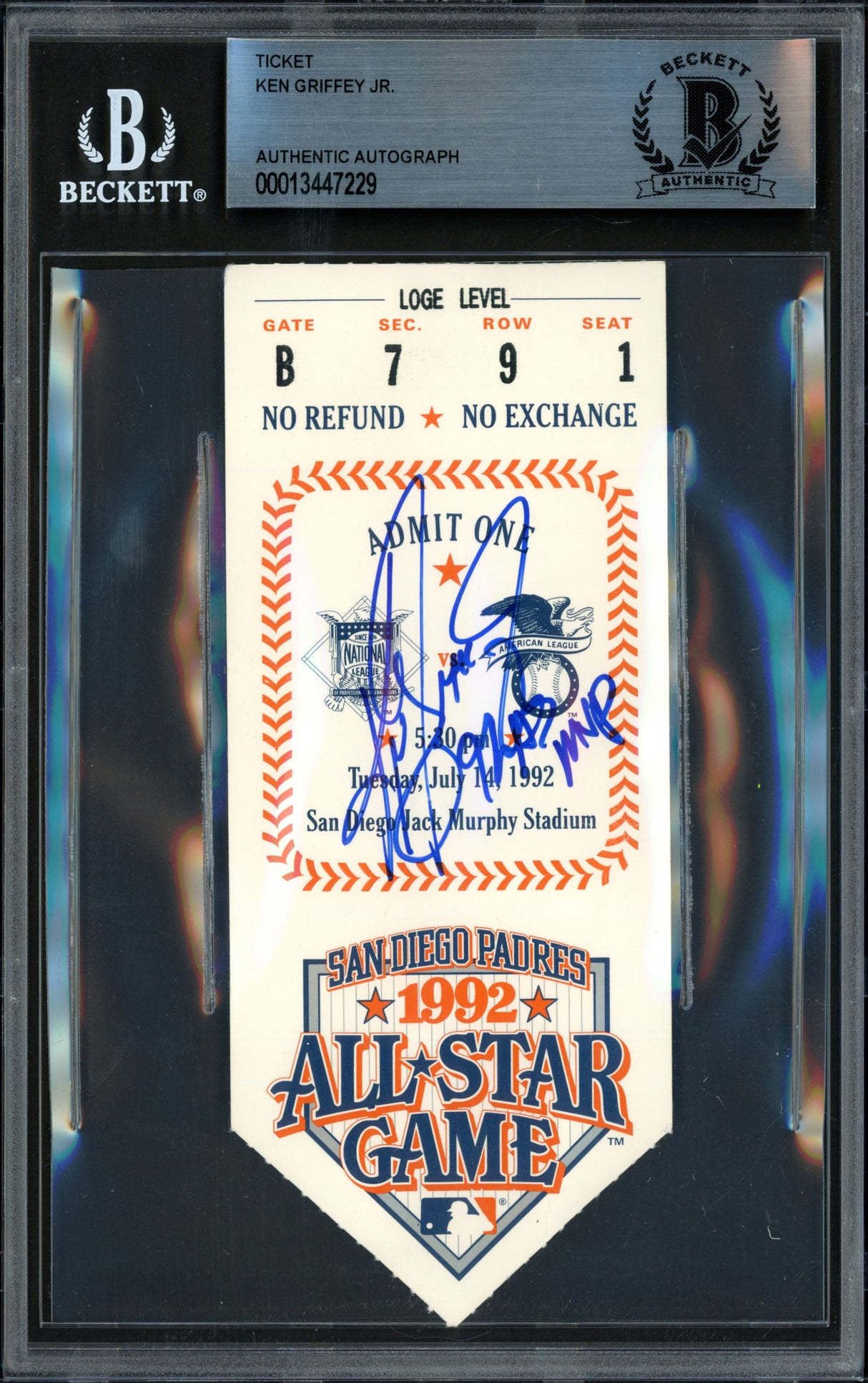 Ken Griffey Jr. Autographed 1992 All Star Game 2.5x5.5 Ticket Seattle Mariners "92 AS MVP" Beckett BAS #13447229