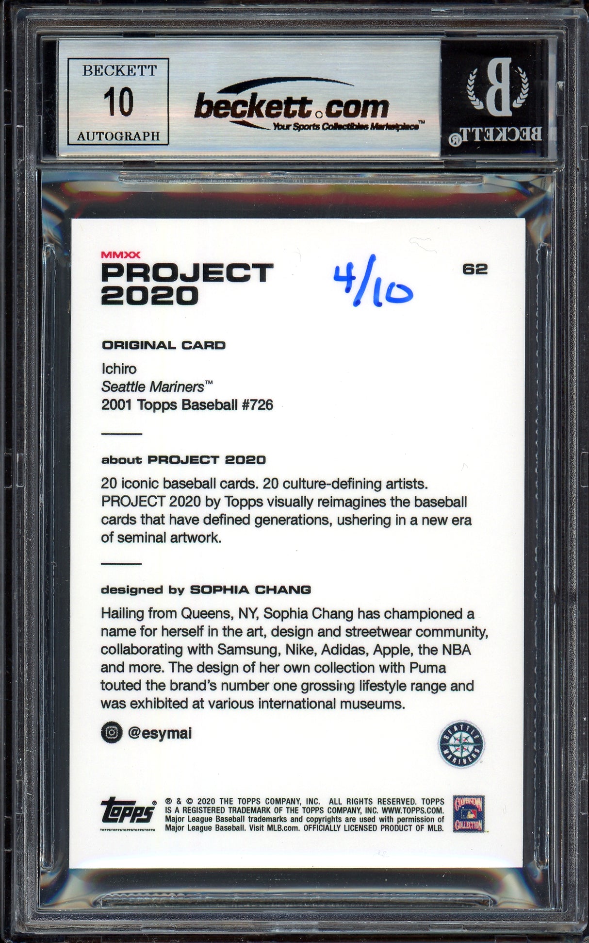 Ichiro Suzuki Autographed Topps Project 2020 Sophia Chang Card #62 Seattle Mariners Auto Grade Gem Mint 10 Blue #/10 Beckett BAS Stock #200954