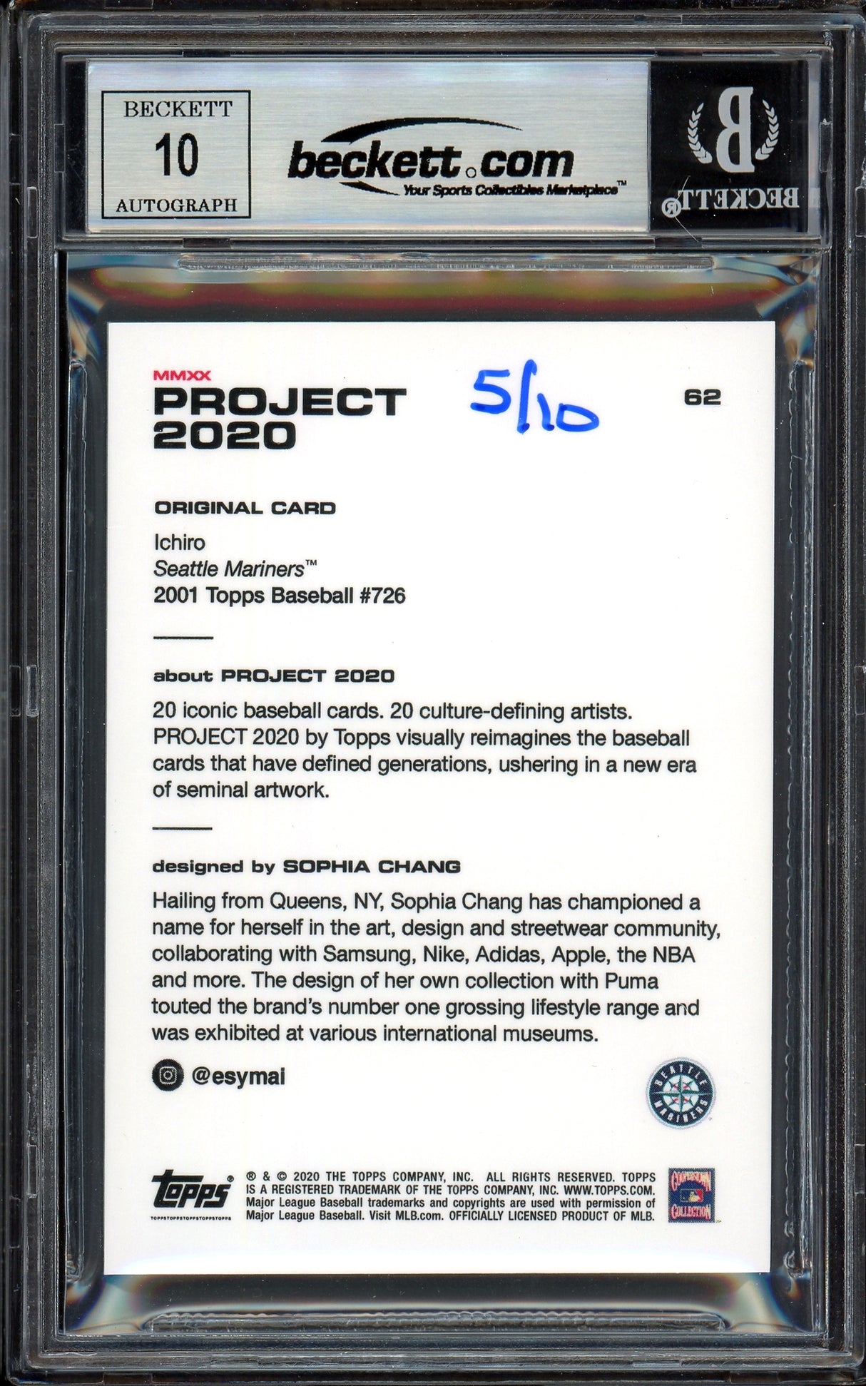Ichiro Suzuki Autographed Topps Project 2020 Sophia Chang Card #62 Seattle Mariners Auto Grade Gem Mint 10 Black #/10 Beckett BAS Stock #200956