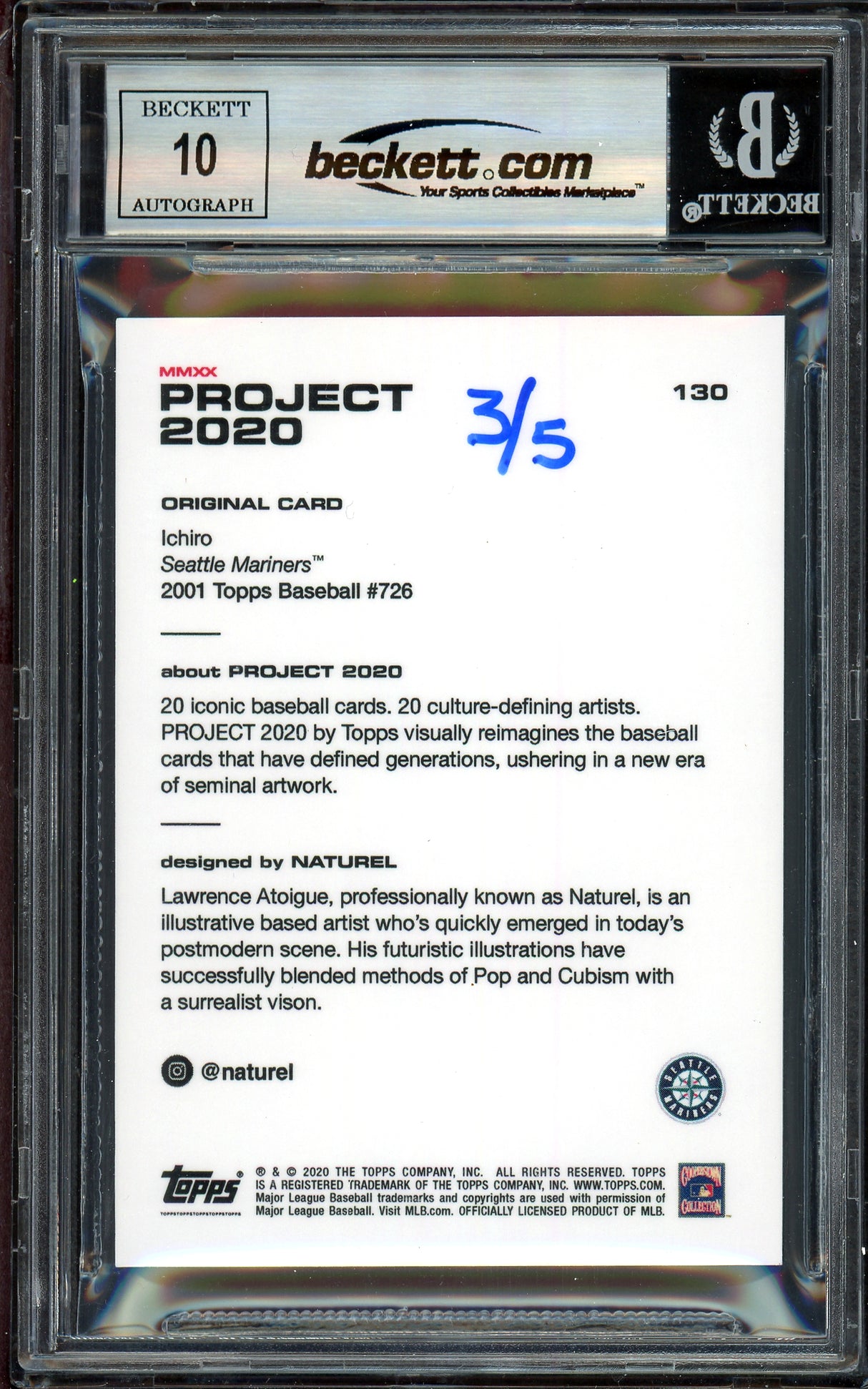 Ichiro Suzuki Autographed Topps Project 2020 Naturel Card #130 Seattle Mariners Auto Grade Gem Mint 10 Black #3/5 Beckett BAS #13712651