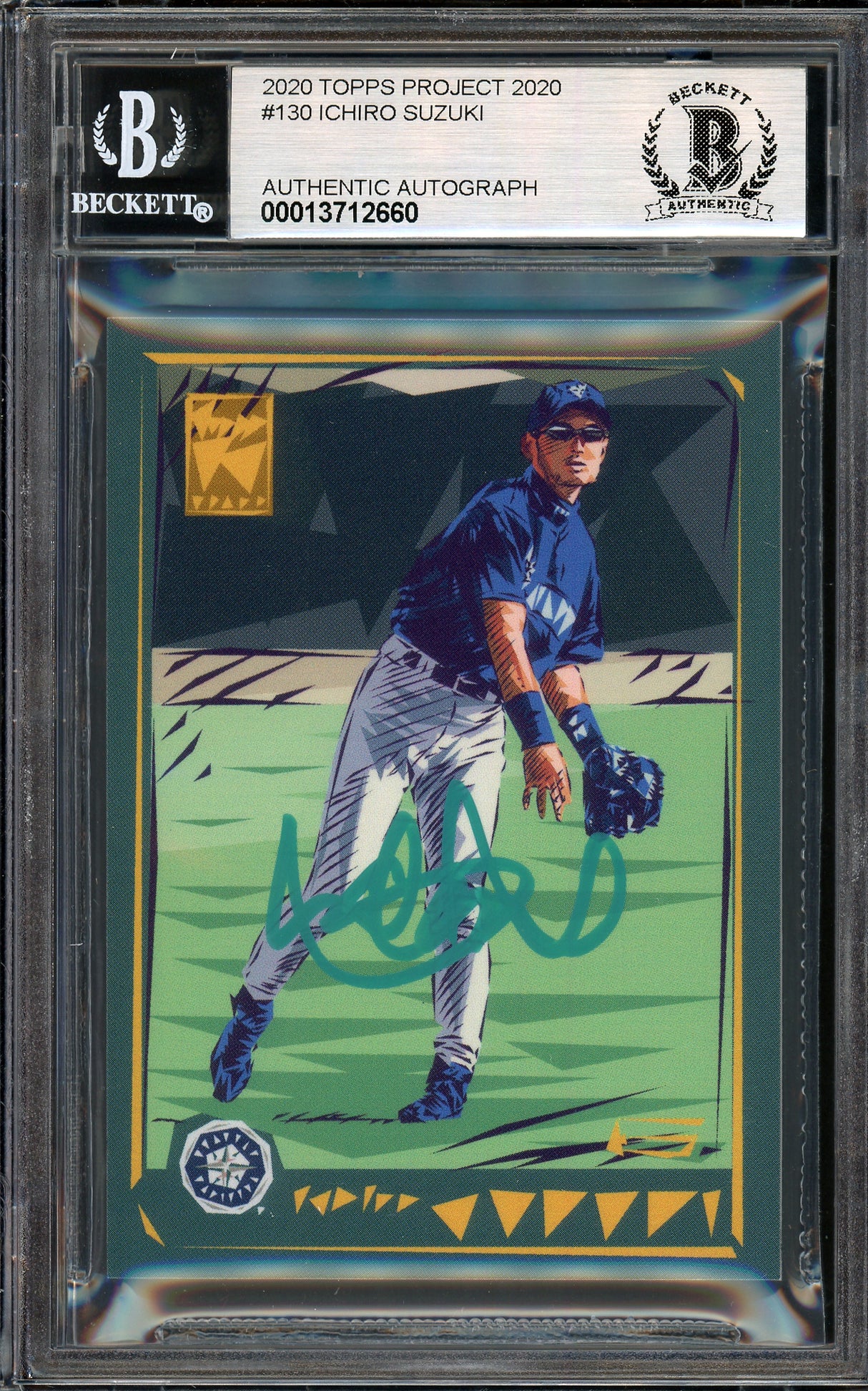 Ichiro Suzuki Autographed Topps Project 2020 Naturel Card #130 Seattle Mariners Auto Grade Gem Mint 10 Teal #/5 Beckett BAS Stock #200973