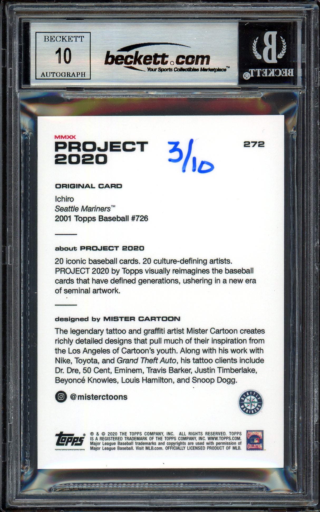 Ichiro Suzuki Autographed Topps Project 2020 Mister Cartoon Card #272 Seattle Mariners Auto Grade Gem Mint 10 Blue #/10 Beckett BAS Stock #201018