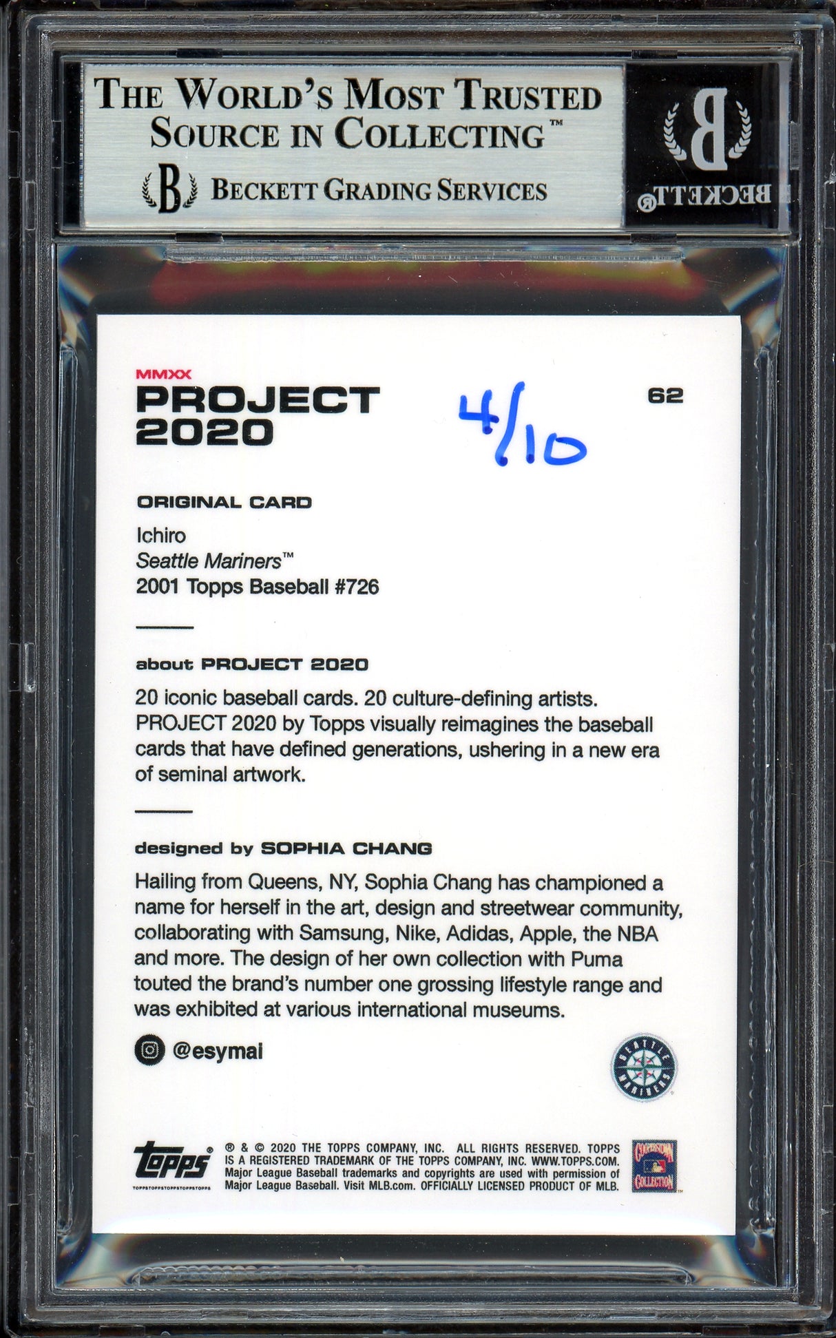 Ichiro Suzuki Autographed Topps Project 2020 Sophia Chang Card #62 Seattle Mariners Lime Green #4/10 Beckett BAS #13713755