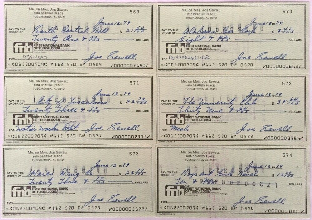 LOT of 6 Joe Sewell Cleveland Indians Signed Checks 569-574