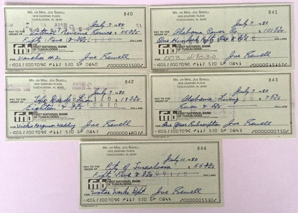 Joe Sewell Cleveland Indians Signed Checks 840-844