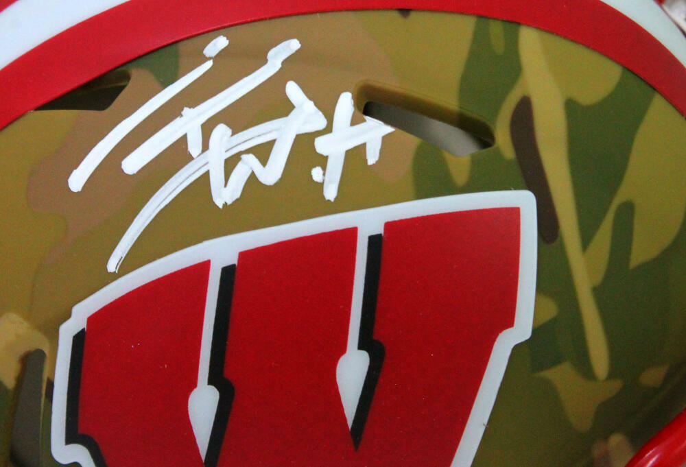 TJ Watt Signed Wisconsin Badgers Camo Speed Mini Helmet- Beckett W Holo *White