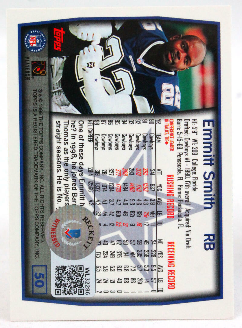 1999 Topps #50 Emmitt Smith Cowboys Autograph Beckett Witness