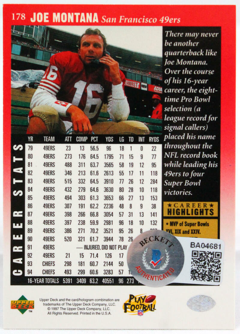 1997 Upper Deck #178 Joe Montana San Francisco 49ers Auto Beckett Witness