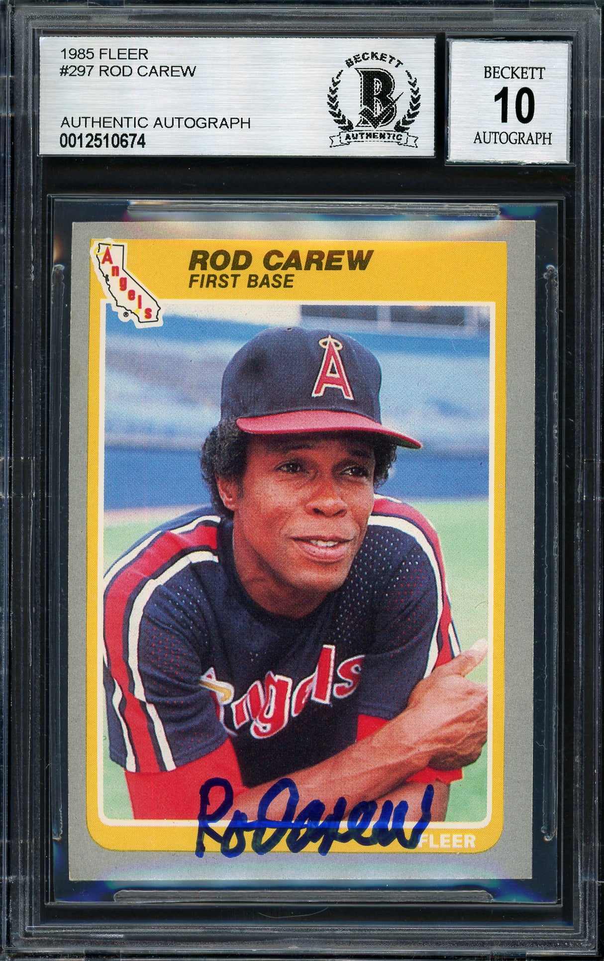 Rod Carew Autographed 1985 Fleer Card #297 California Angels Auto Grade 10 Beckett BAS Stock #186097