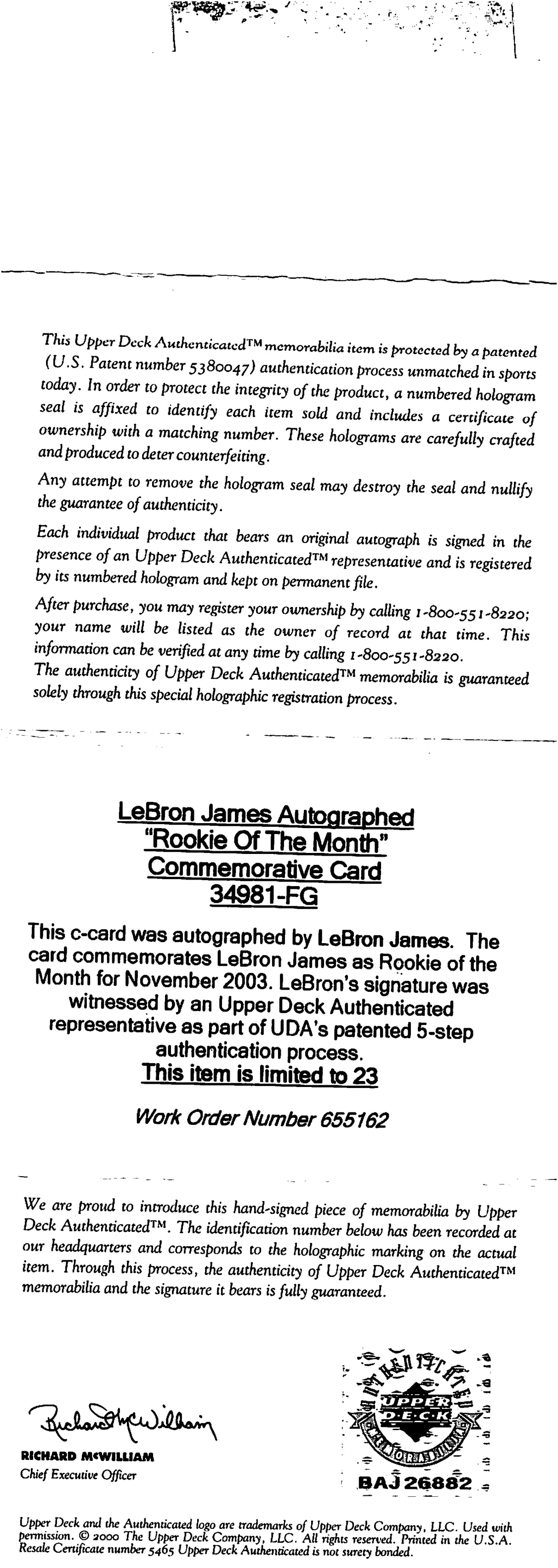 Cavaliers LeBron James Signed 2003 UD ROM Oct/Nov #14/23 Card Auto Grade 10 BAS