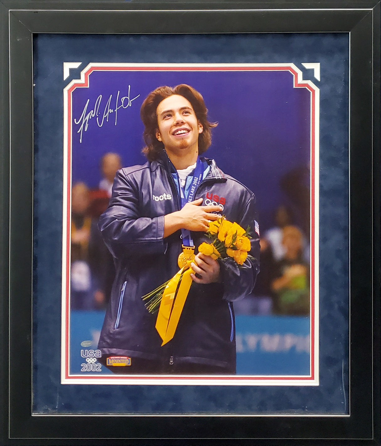 Apolo Anton Ohno Autographed Framed 16x20 Photo Team USA Winter Olympics Speed Skating Mounted Memories Holo SKU #189439