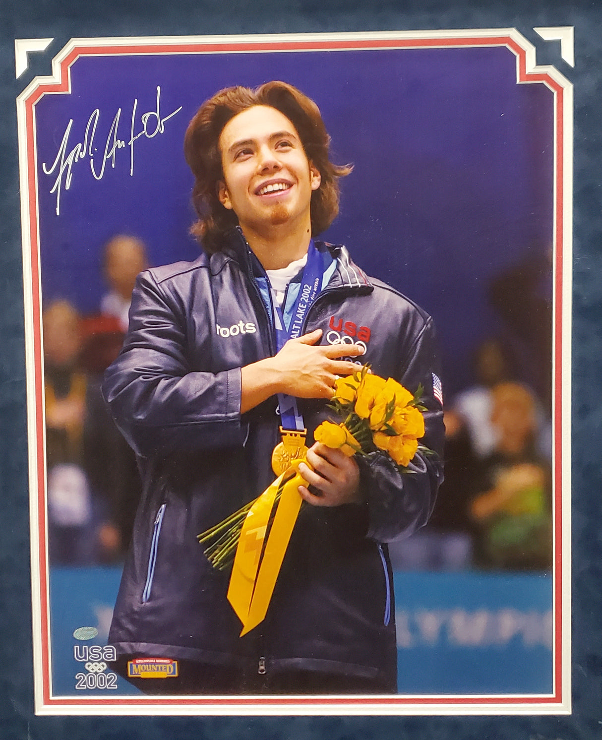 Apolo Anton Ohno Autographed Framed 16x20 Photo Team USA Winter Olympics Speed Skating Mounted Memories Holo SKU #189439