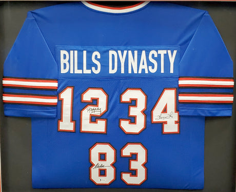 Buffalo Bills Team Greats Autographed Framed Blue Jersey With 3 Signatures Including Jim Kelly, Thurman Thomas & Andre Reed Beckett BAS Stock #195234