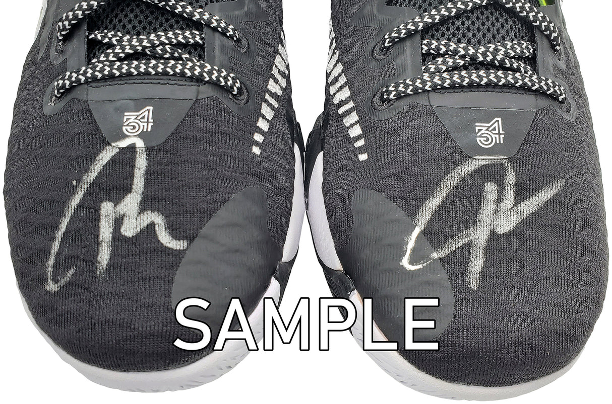 Giannis Antetokounmpo Autographed Black Nike Immortality Shoes Milwaukee Bucks Size 12.5 Pair Beckett BAS QR Stock #197428