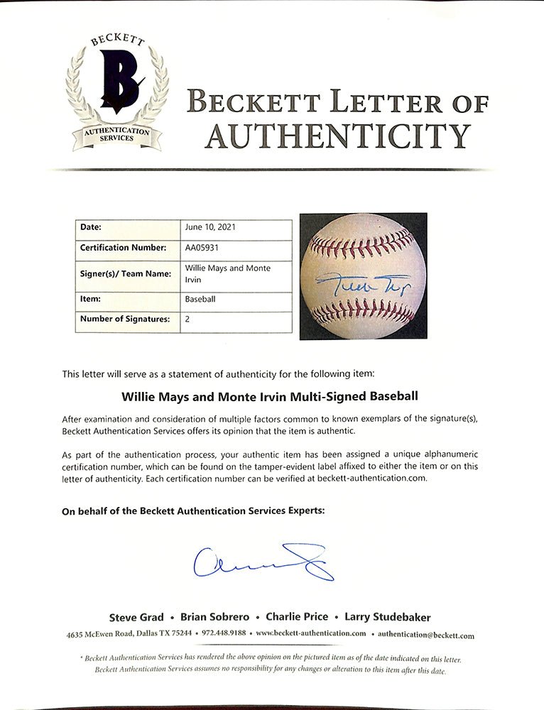 Willie Mays Monte Irvin Dual Signed Giants Baseball BAS LOA AA05931 - Sports Integrity