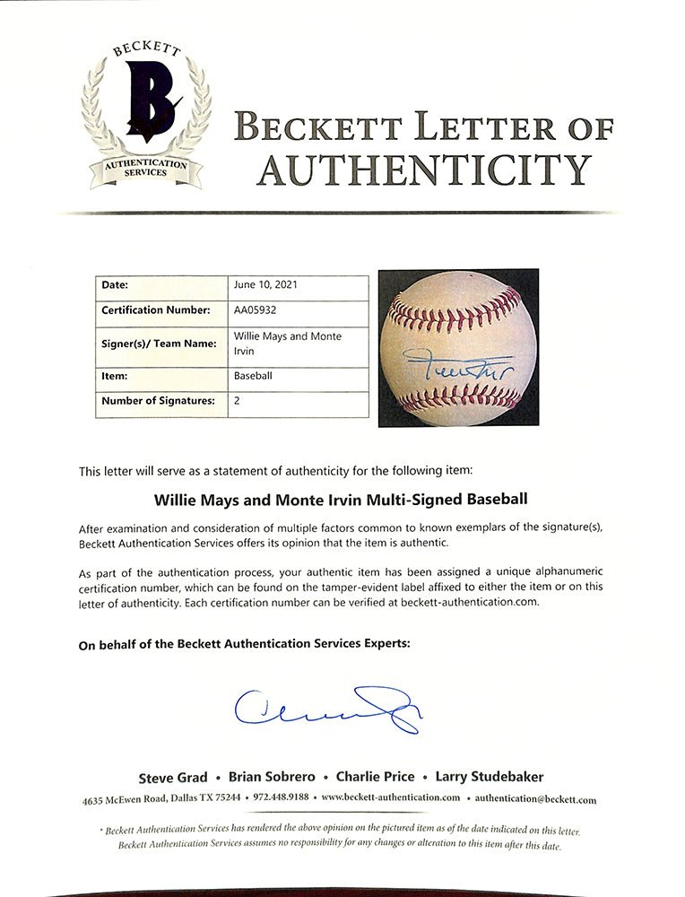 Willie Mays Monte Irvin Dual Signed Giants Baseball BAS LOA AA05932 - Sports Integrity