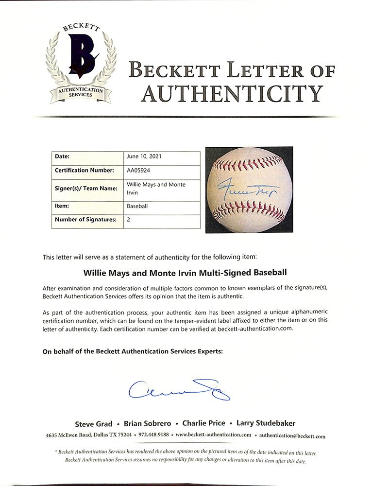 Willie Mays Monte Irvin Dual Signed Giants Baseball BAS LOA AA05924 - Sports Integrity