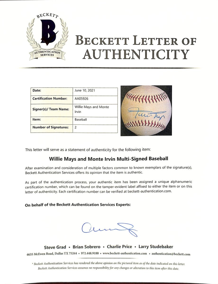 Willie Mays Monte Irvin Dual Signed Giants Baseball BAS LOA AA05926 - Sports Integrity