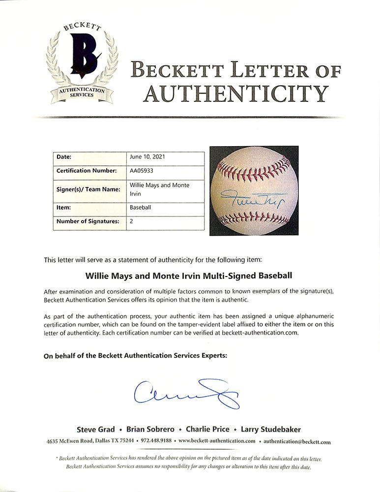 Willie Mays Monte Irvin Dual Signed Giants Baseball BAS LOA AA05933 - Sports Integrity