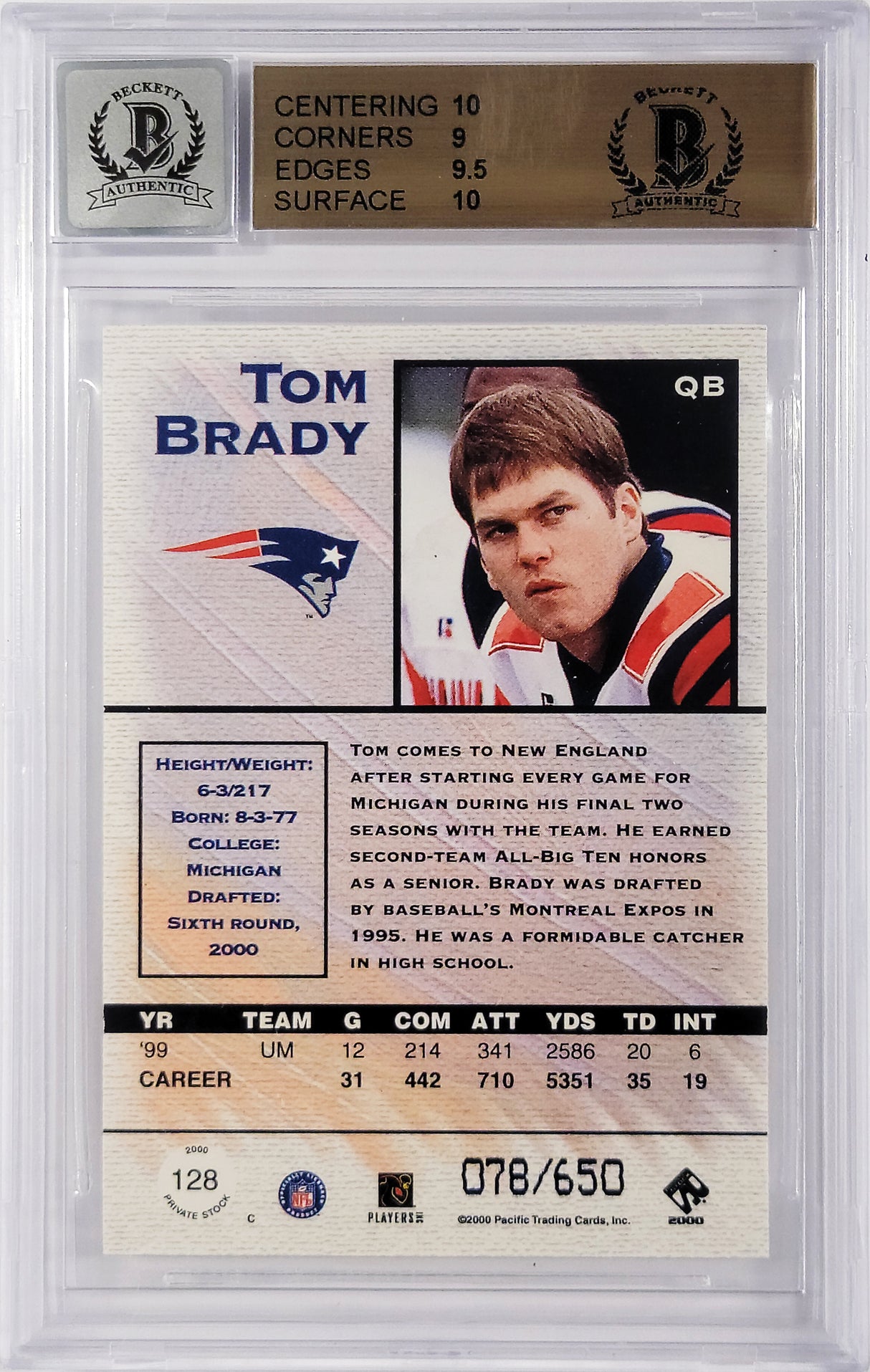 Tom Brady Autographed 2000 Pacific Private Stock Retail Rookie Card #128 New England Patriots BGS 9.5 Auto Grade Gem Mint 10 #78/650 Beckett BAS #13060313