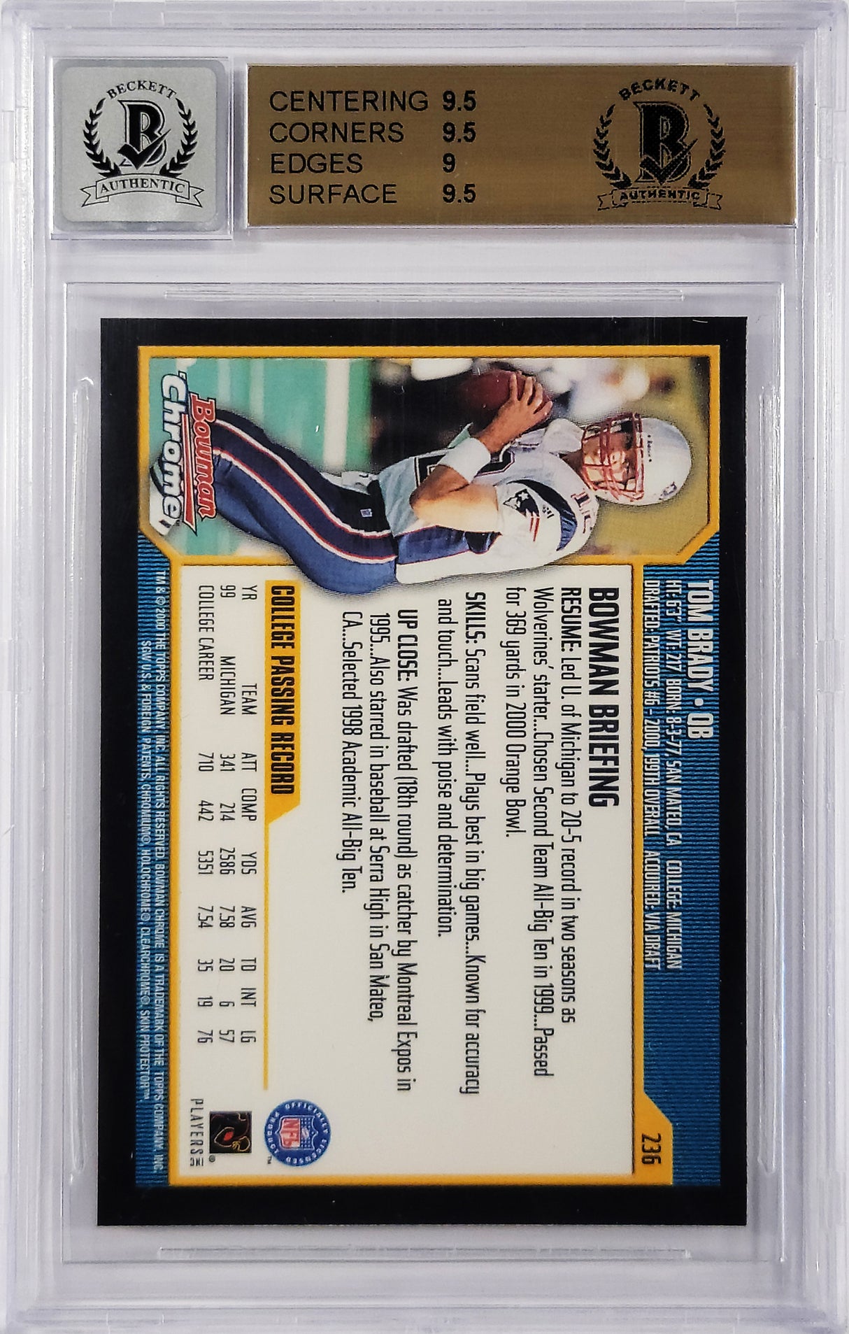 Tom Brady Autographed 2000 Bowman Chrome Rookie Card #236 New England Patriots BGS 9.5 Auto Grade Gem Mint 10 Beckett BAS #12973198