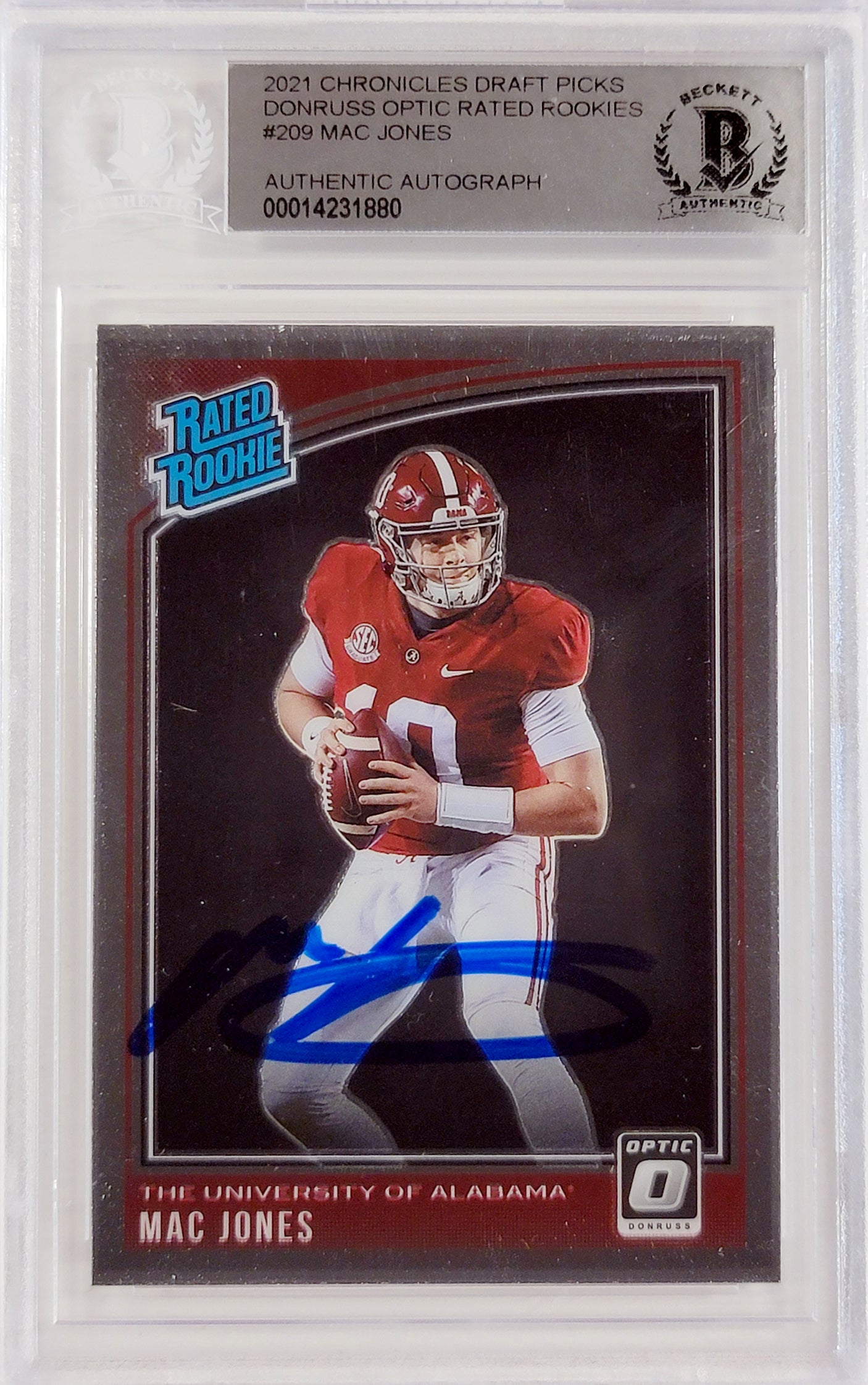 Mac Jones Autographed 2021 Donruss Optic Rated Rookie Card #209 Alabama Crimson Tide Beckett BAS #14231880