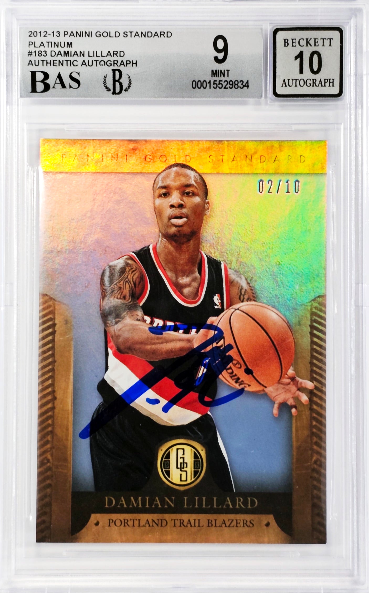 Damian Lillard Autographed 2012-13 Panini Gold Standard Platinum Rookie Card #183 Portland Trail Blazers BGS 9 Auto Grade Gem Mint 10 #2/10 Beckett BAS #15529834