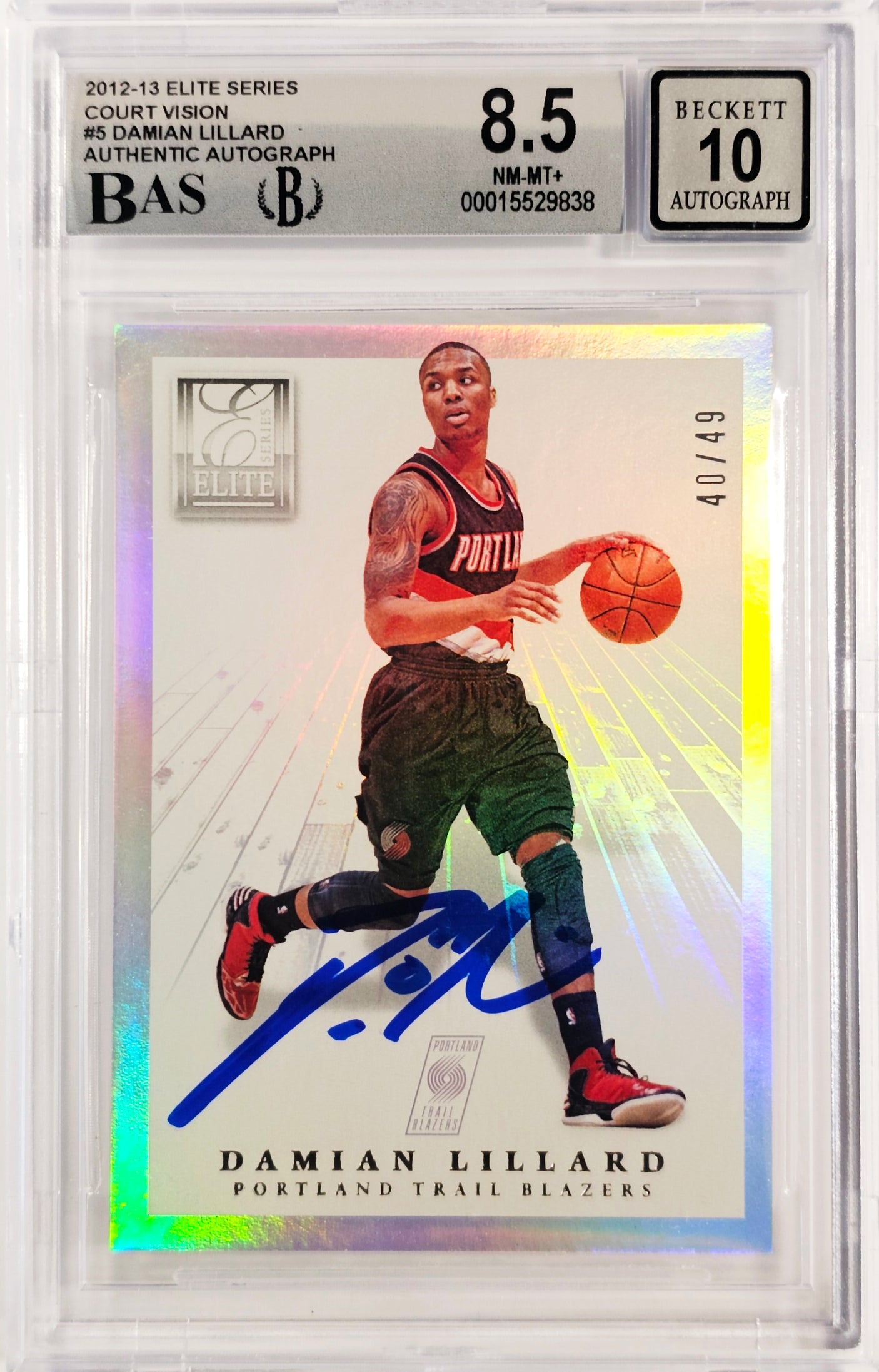 Damian Lillard Autographed 2012-13 Panini Elite Court Vision Rookie Card #5 Portland Trail Blazers BGS 8.5 Auto Grade Gem Mint 10 #40/49 Beckett BAS #15529838