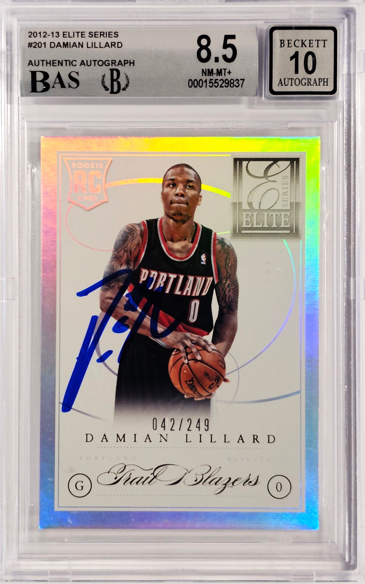 Damian Lillard Autographed 2012-13 Panini Elite Rookie Card #201 Portland Trail Blazers BGS 8.5 Auto Grade Gem Mint 10 #42/249 Beckett BAS #15529837