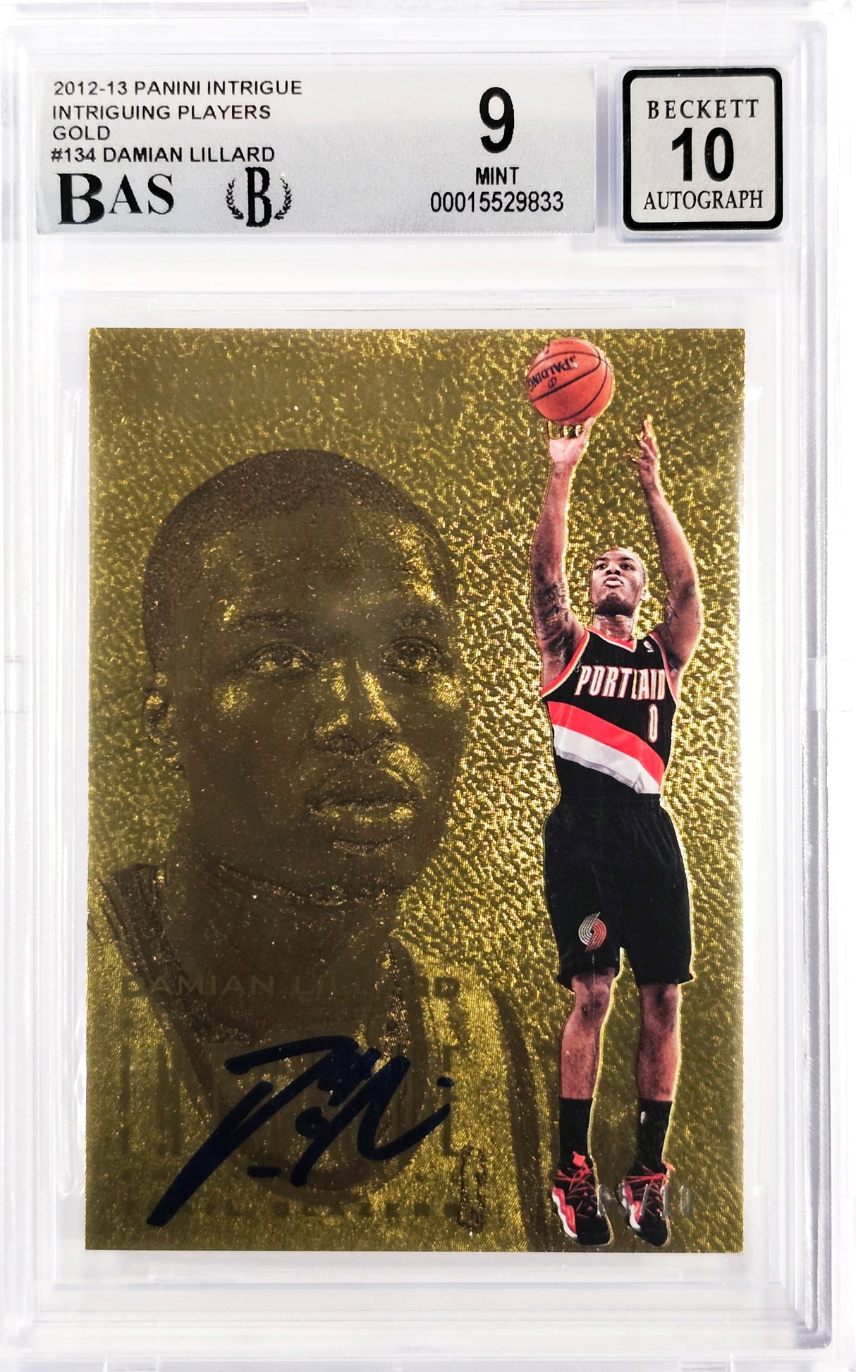 Damian Lillard Autographed 2012-13 Panini Intrigue Gold Rookie Card #134 Portland Trail Blazers BGS 9 Auto Grade Gem Mint 10 #5/10 Beckett BAS #15529833