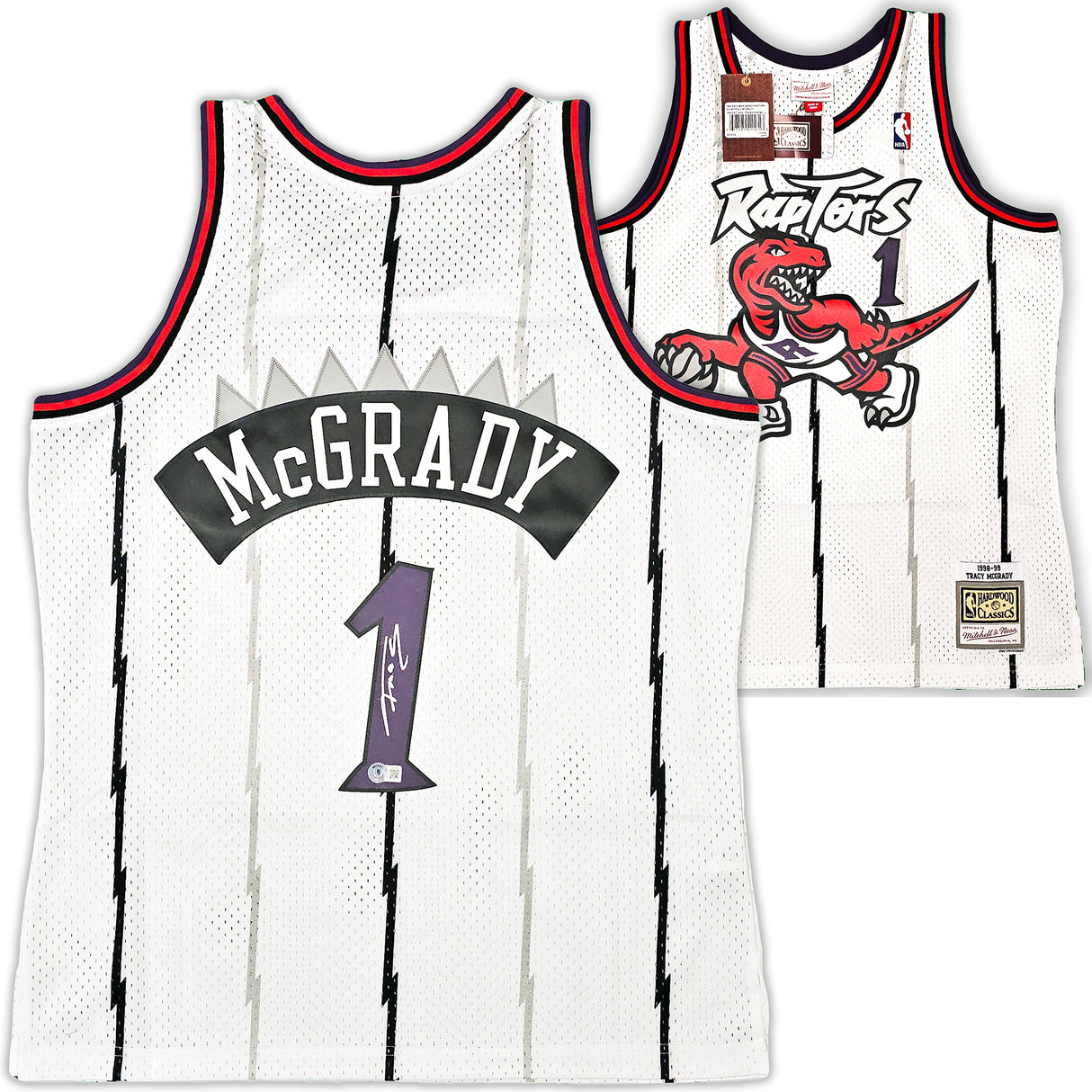 Toronto Raptors Tracy McGrady Autographed White Authentic Mitchell & Ness 1998-99 HWC Swingman Jersey Size L Beckett BAS Witness Stock #216975