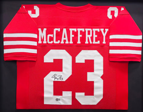 San Francisco 49ers Christian McCaffrey Autographed Framed Red Jersey Beckett BAS QR Stock #234595