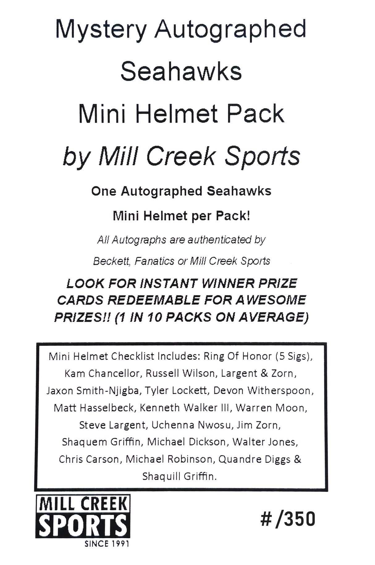 Seattle Seahawks Autographed Mystery Mini Helmet Pack Series 1 (Prize Redemptions: 1 in 10 Packs)