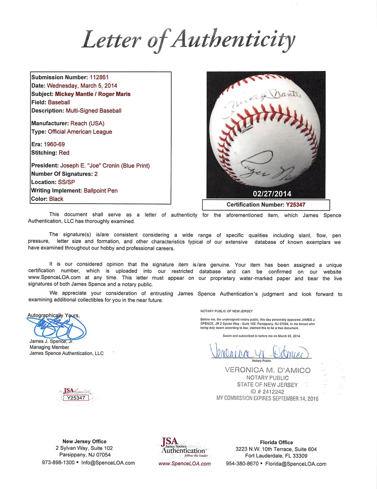 Yankees Mickey Mantle & Roger Maris Authentic Signed Oal Baseball JSA #Y25347